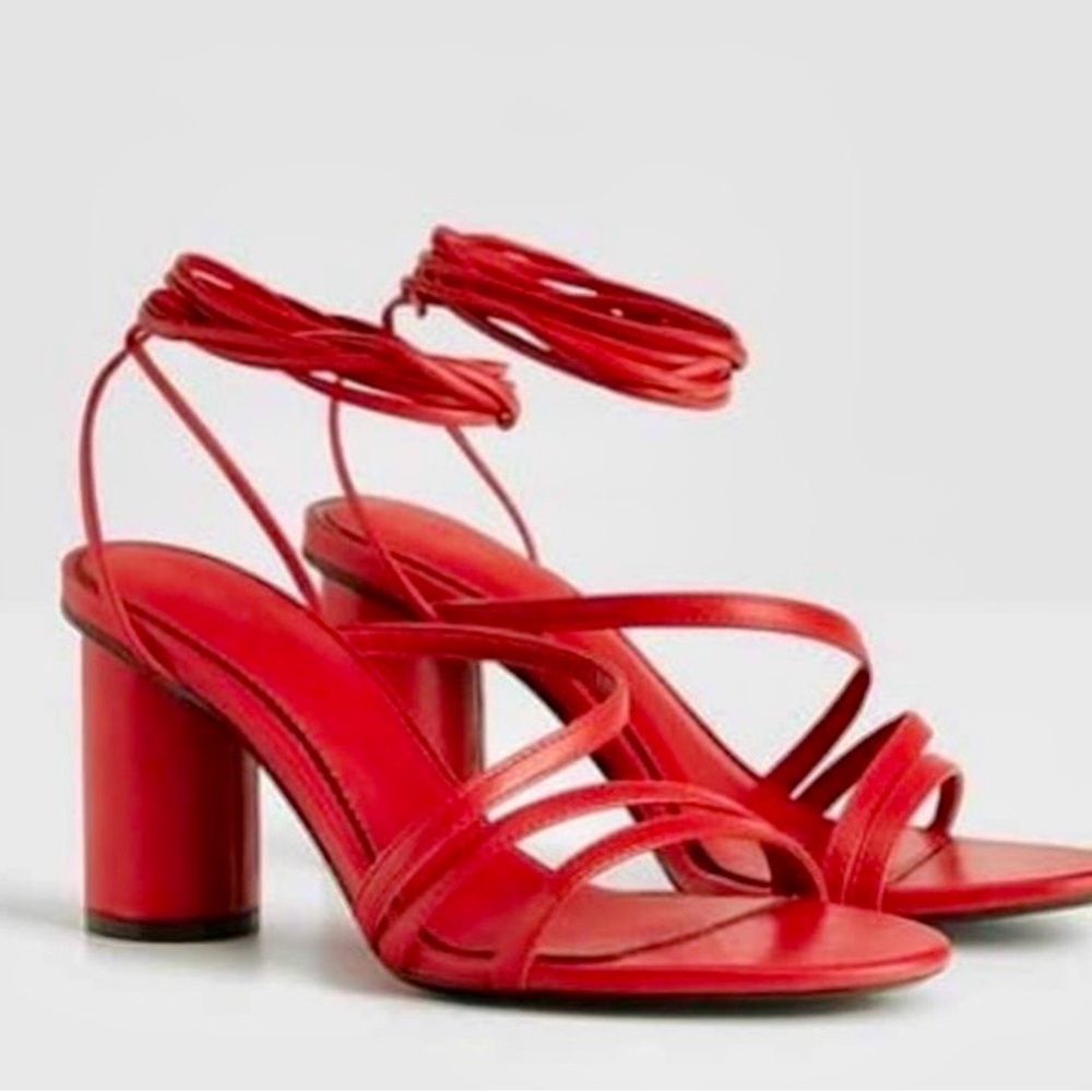 Bershka Red Block Heels Strappy Sandals Size 6 - Picture 1 of 9